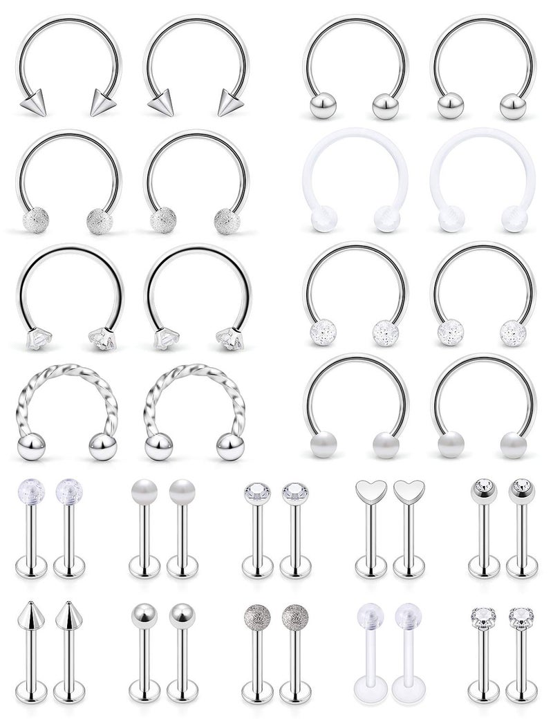 SCERRING 16g Lip Rings Stainless Steel Horseshoe Labret Monroe Lip Rings Nail Tragus Helix Earrings Studs Ring Medusa Piercing Jewelry 8mm 36PCS Silver - Image 1